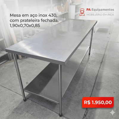 MESA AÇO INOX 430 1,90×0,70×0,85 COM PÉ DE INOX USADA