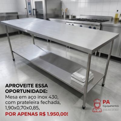 MESA AÇO INOX 430 1,90×0,70×0,85 COM PÉ DE INOX USADA